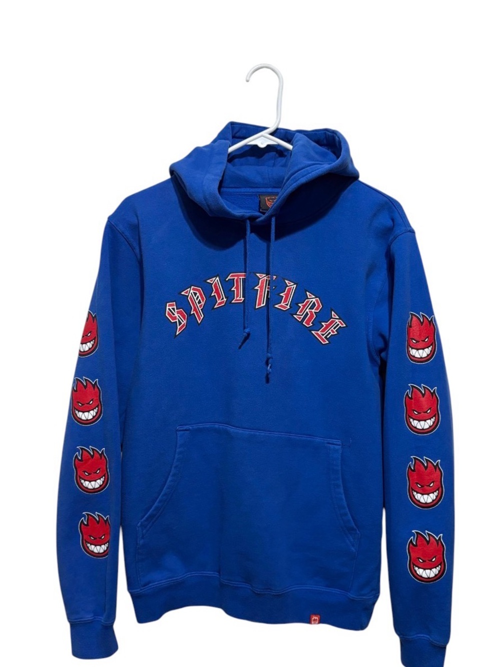 Spitfire Blue Hoodie with Red Flame Face Sleeves